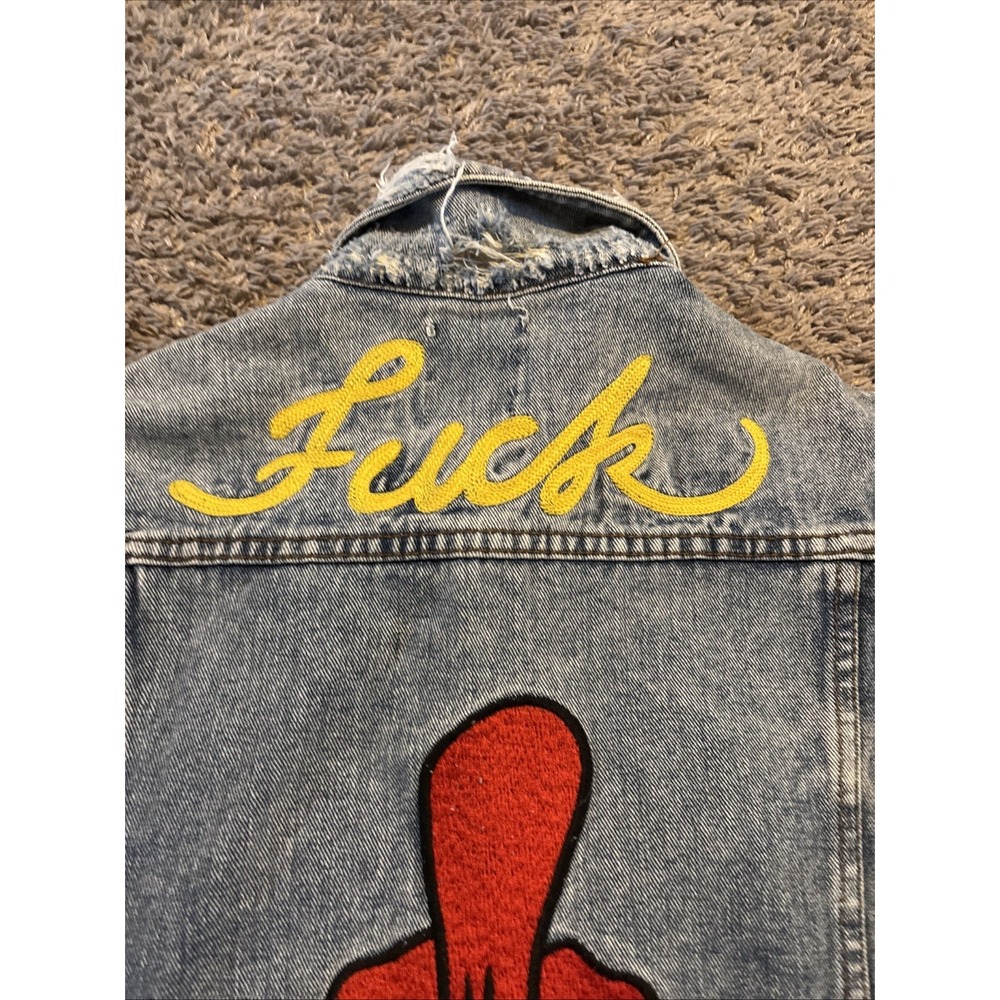 UNIF Outsider Denim Jacket Distressed Rose F*ck Embroidered Size S Small - Picture 12 of 12